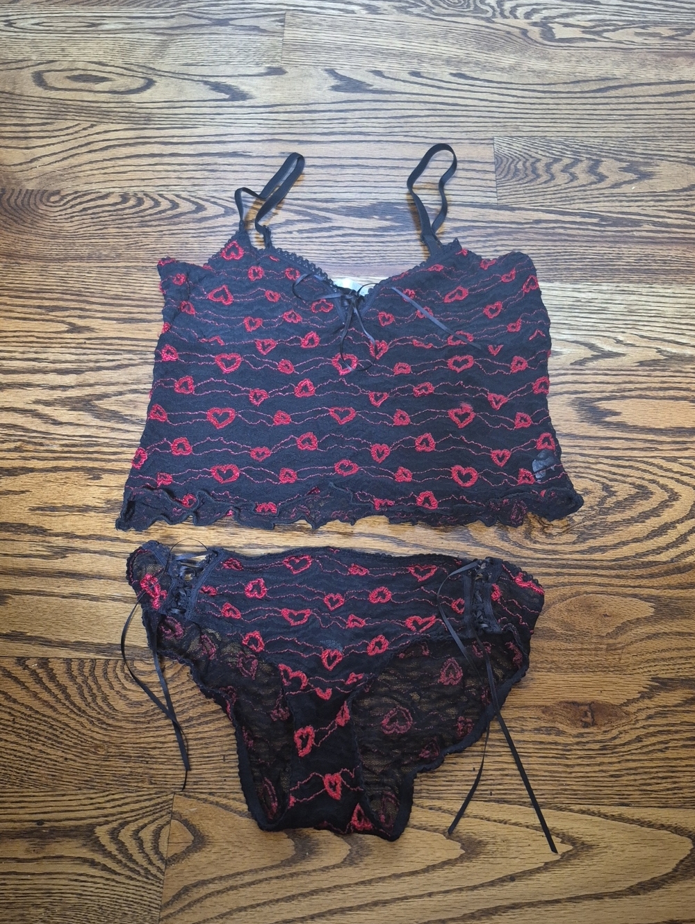 Black Lace Camisole & Bikini Set with Red Heart Accents